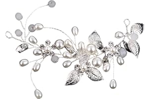 iwobi Crystal Hair Piece,Flower Leaf Headpiece,Bride Pearl Hair,Vine Comb Wedding Hair Accessories For Women And Girls(Silver