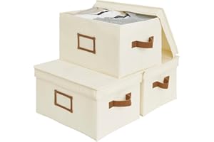 StorageWorks Storage Bins with Lids, Decorative Baskets for Shelves, Closet Boxes with PU Handles, Hand Wash, Canvas, Ivory W
