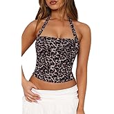 Women's Y2K Mesh Crop Halter Tank Top Sexy Backless Leopard Cheetah Print Cute Going Out Tops for Women Trendy