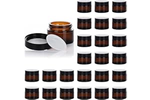 11 HOA KINH 1oz Glass Jar with Lid, Hoa Kinh 25Pack Amber Round Containers Cosmetic Glass Jars with Inner Liners and Black Lids Travel Jars for Storing Lip and Body Scrub, Lotion, Body Butter, Bath Salts, Liquid
