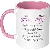 Funny Grandma Theme Ceramic Coffee Mug Glam-ma Definition Great Mother’s Day Gift Idea Grandparents Day Christmas Birthday Gift for First Time Grandmother Granny Tea Cup 11 oz White Pink
