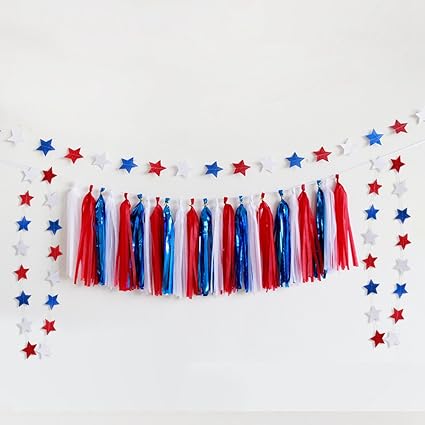 Amazon Com 3 Red White And Blue Stars Garlands With One Tissue