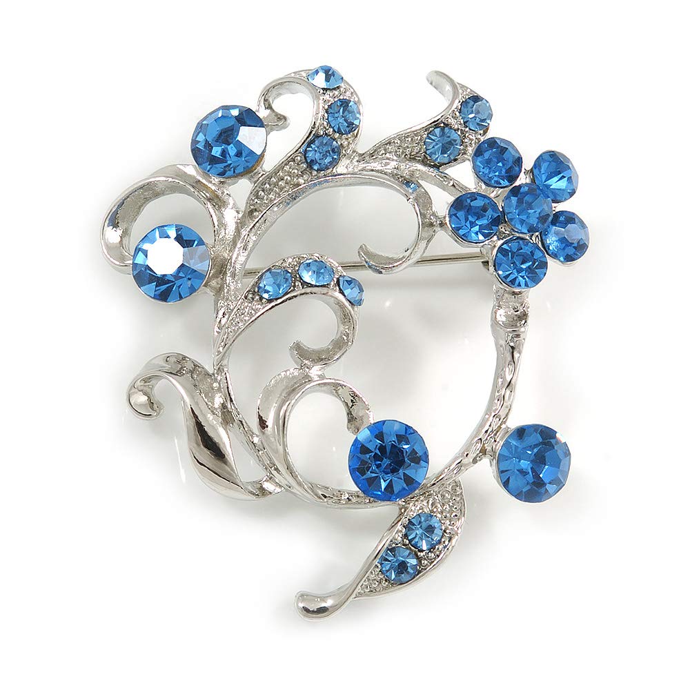 Cornflowerblue Crystal Floral Wreath Brooch In silver Tone Metal - 40mm Across