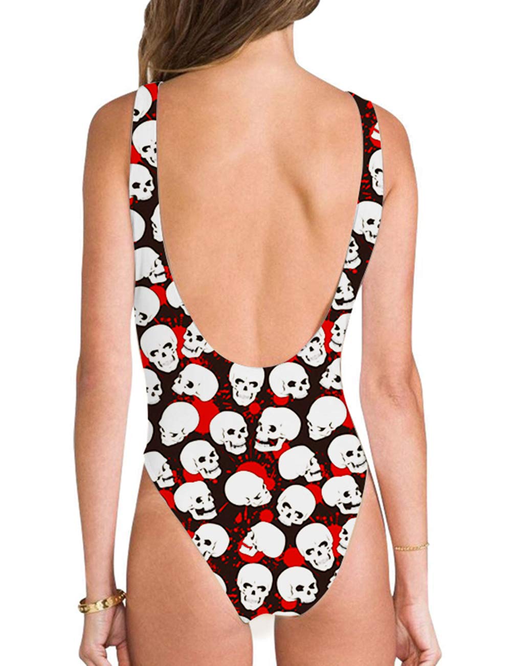 TUONROAD Retro 80s/90s One Piece Swimsuit Bodysuit for Women Ladies Halloween Print White Black Skull Red Blood Skeleton Funny 3D Printed Halter Straps U Neck Backness Padded Swimwear Jumpsuit