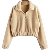 ZAFUL Women's Fashion Long Sleeve Lapel Half Zip Plain Faux Fur Sweatshirt Solid Color Crop Pullover Tops
