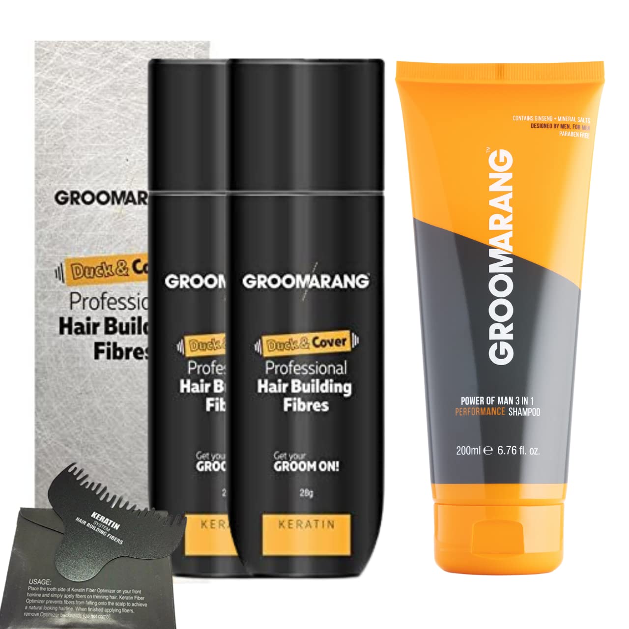 Hair Fibres X2 GROOMARANG Keratin Hair Building Fibres for Thinning Hair- Instantly Conceals Thinning Areas for Fuller Thicker Hair- For Men & Women 28g PLUS 200ml Shampoo & Optimiser (Black)