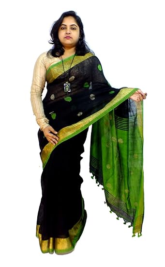 Womens Linen Saree With Blouse Piece (IE0038_Black & Green)