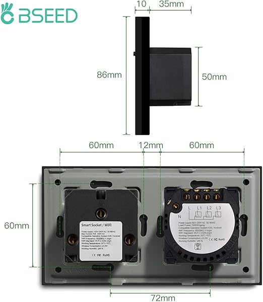 BSEED WIFI 3 Gang 1 Va Touch Switch y EU enchufe Soporte Google HomeAlexaSMART LIFETUYA APP Wall Light Outlets Negro