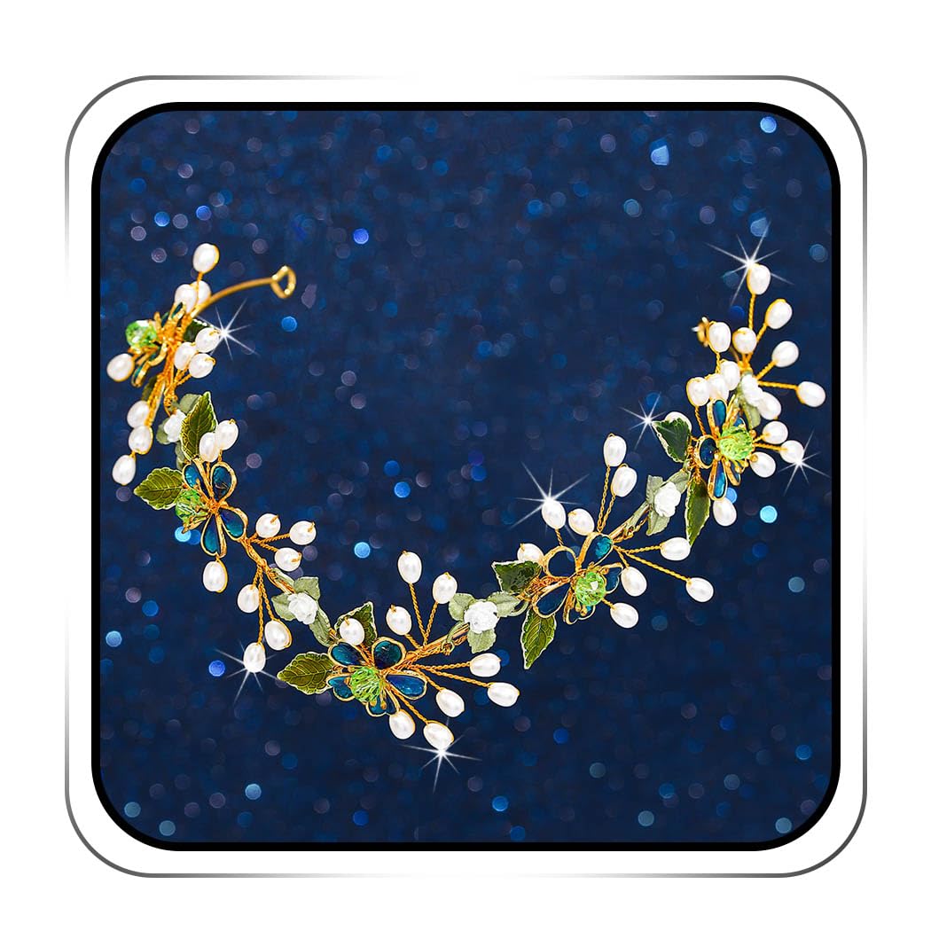 IYOU Flower Fairy Headband Green Pearls Wedding Crown Leaf Bridal Bridesmaid Elf Hair Accessories for Women