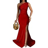 Memoriesea Women's Sexy One Shoulder Ruched High Split Evening Maxi Formal Dress