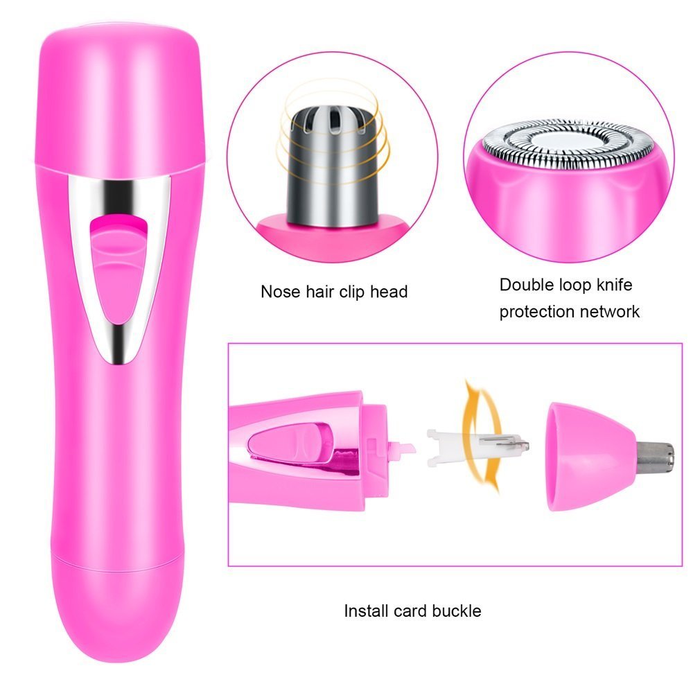 Fomatrade Women\'s Painless Hair Trimmer Remover,2 in 1 Portable Lady Hair Shaver Electric Waterproof for Nose/Bikini/Facial/Lip/Chin and Cheek Hair (Pink)
