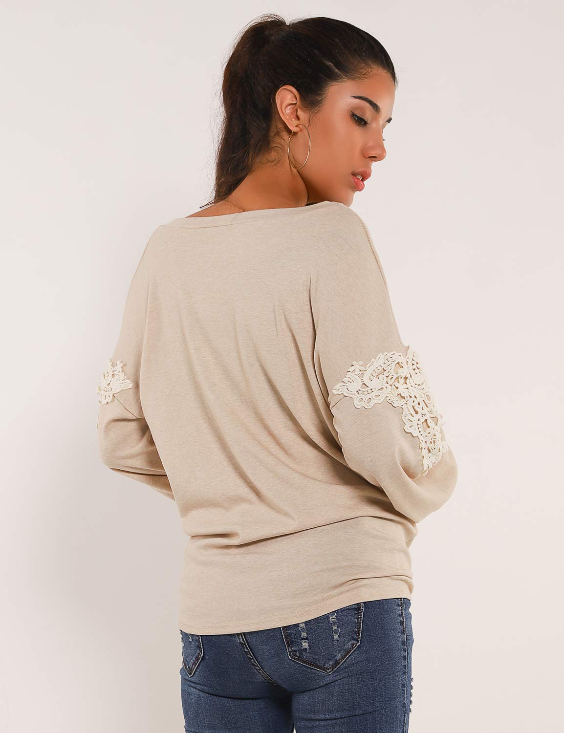 Blooming Jelly Womens Tie Knot Shirts Lantern Sleeve Round Neck Lace Top Blouse(M,Apricot)