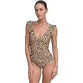 DKNY Women's Ruffle Shoulder V-Neck One Piece Swimsuit with Tummy Control