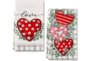 ARKENY Valentine Day Kitchen Towels Set of 2,Grey Buffalo Plaid Red Polka dot Heart Eucalyptus Dish Towels 18x26 Inch Drying Dishcloth,Farmhouse Home Wedding Decoration AD169