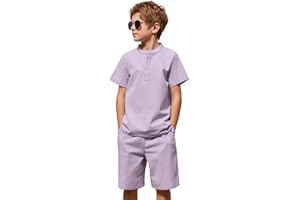 Arshiner Boy's 2 Pieces Cotton Linen Set Casual Henley Shirts Short Sleeve Beach Shorts Summer Outfits for 5-12 Years Kids