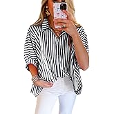 Women 2025 Summer Stripe Dolman Sleeve V Neck Oversize Shirt Tops Casual Button Up Short Sleeve Striped Blouse