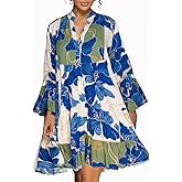 knowfashionstyle Womens Dresses 2025 Summer Boho Floral Button Tunic V Neck Dress Casual Long Sleeve Flowy Loose Shirt Dress