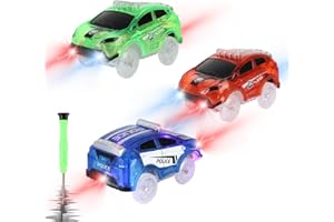 SAVE UNICORN Tracks Cars Only Replacement, Flex Track Race Cars for Magic Tracks Glow in the Dark, LED Lights Up Battery Operated Snap N Glow Trax Cars Accessories, Compatible with Most Car Tracks for Kids (3pack
