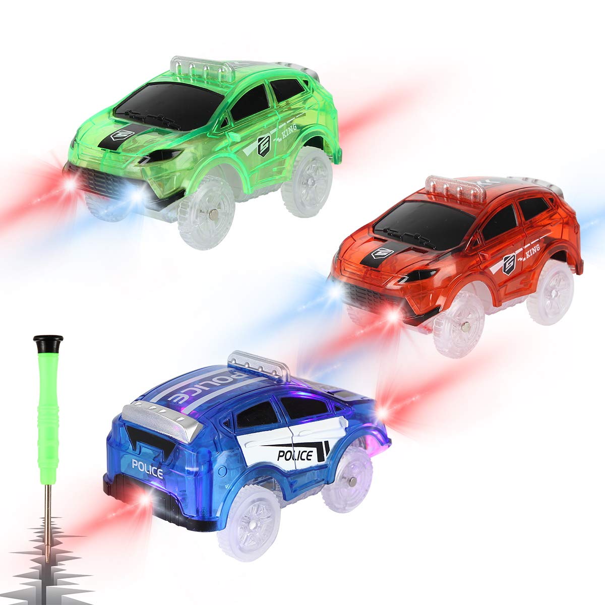Save Unicorn Racing Replacement with 3 Flashing LED Lights - Glow in the Dark Track Compatible with Most Sets for Cars - Kids Boys and Girls 4-Pack