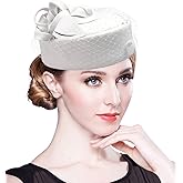 Z&X British Vintage Wool Felt Pillbox Hat Ladies Church Derby Winter Fascinator Hat Veil Flower Fedoras