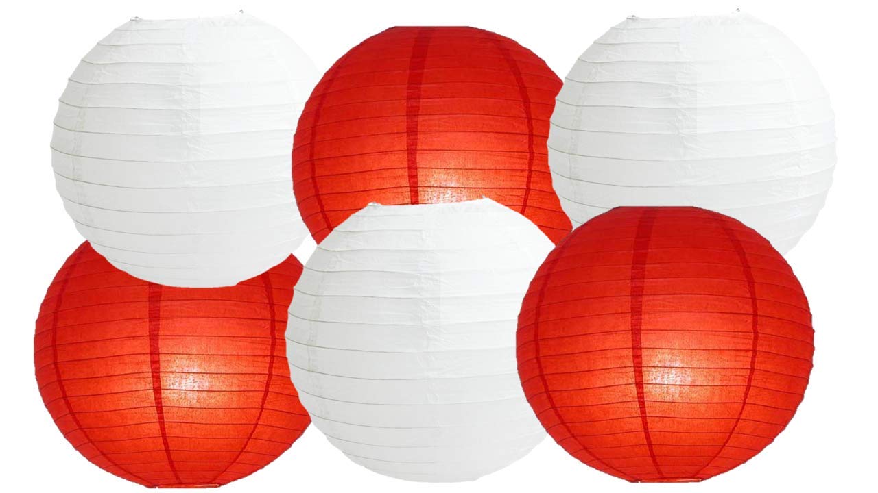 Paper Lanterns Mix Color Packs of 6 Round Paper Lanterns Lampshade Party Decorations (White and Red, 12" (30 Cm))