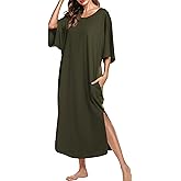 Ekouaer Women's Nightgown Short Sleeve Sleepshirt Long Loungewear Casual Maxi Lounge Dress House Dresses with Pockets,Army Green,XXXL