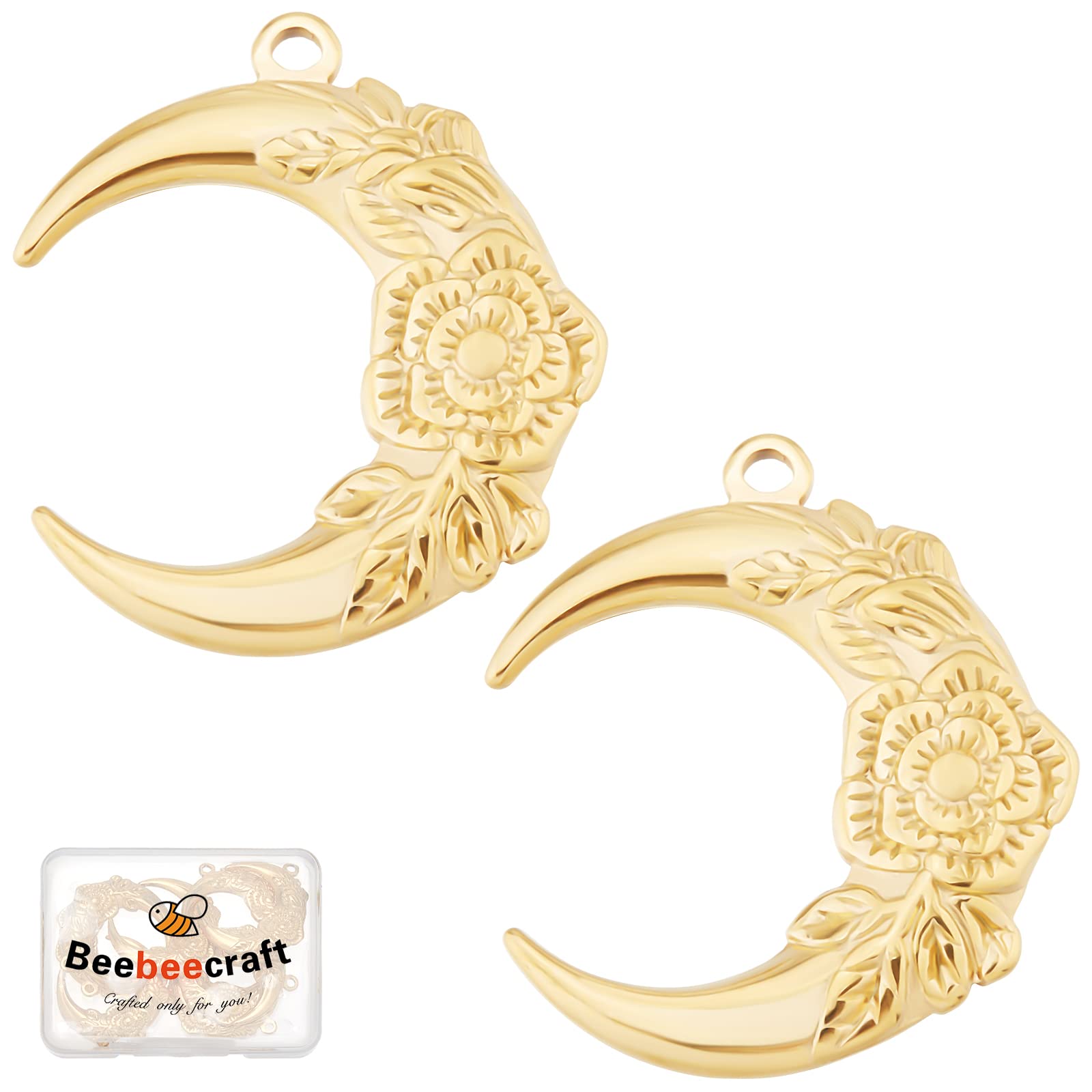Beebeecraft 10Pcs/Box Moon Charms 18K Gold Plated Crescent with Rose Flower for DIY Necklace Earrings Jewellery Making — image 1