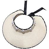 Classic White Large Brim Hollow Top Straw Hat Pearl Sun Hats Travel Seaside Sunshade Cap Foldable Black Bow Ribbon Beach Hat