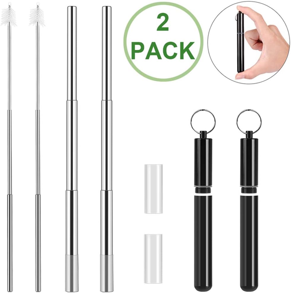 2 Pack Reusable Telescopic Straws, Collapsible Metal Drinking Straws with Case, Portable Travel Stainless Steel Straws for Drinks with 2 Folding Cleaning Brush, 2 Silicone Tips, 2 Black Cases