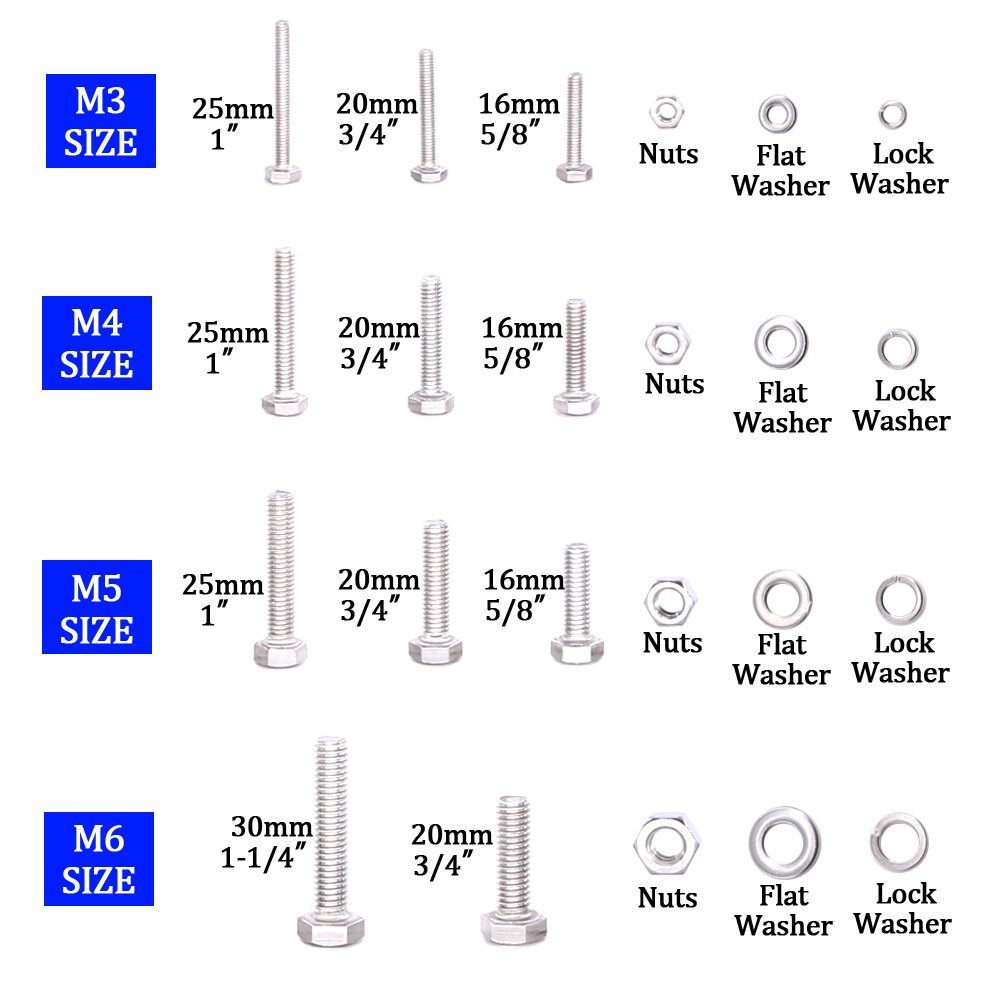 Glarks 665Pcs M3 M4 M5 M6 Stainless Steel Flat Hex Head Screws Bolts Nuts and Flat Gasket Spring Washers Assortment Set - Image 3