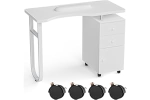 DeerDean White Manicure Table Nail Station Desk for Nail Tech Acetone Resistant with Wrist Cushion, 4 Lockable Wheels, Storage Drawers & Cabinets for Beauty Spa Salon