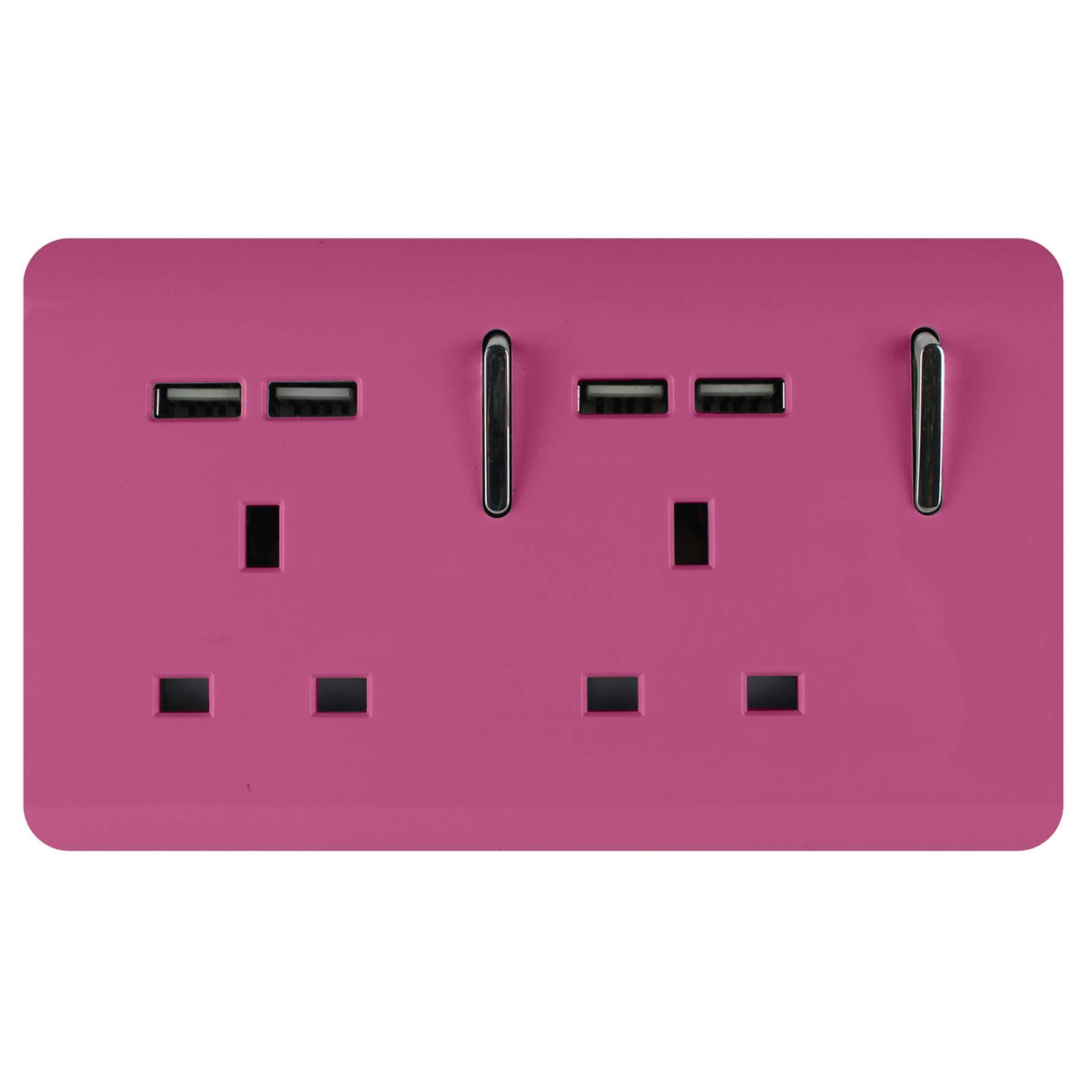 Trendi 2 Gang Artistic Modern Glossy Screwless Raised 13 Amp 240v Short 4 USB Type A Charging Points Double Chrome Switched Electrical Wall Plug Socket Candy Pink - ART-SKT213USBPK