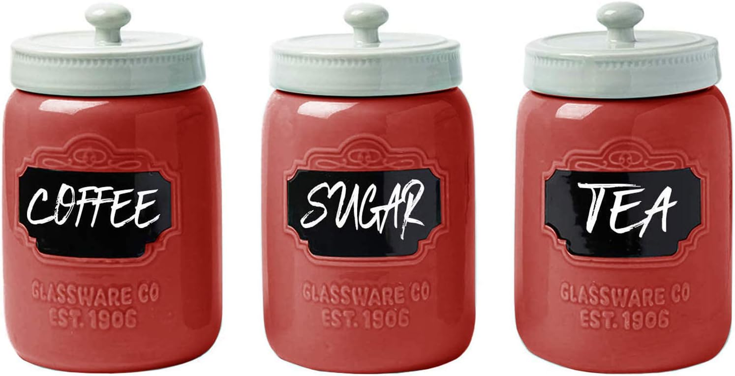 Mason Jar Ceramic Canister Set for Kitchen - Set of 3 Decorative Storage Containers with Air-Tight Lids for Coffee, Sugar & More - Country Style Storage w/Reusable Writable Surface - 12.85oz/Canister