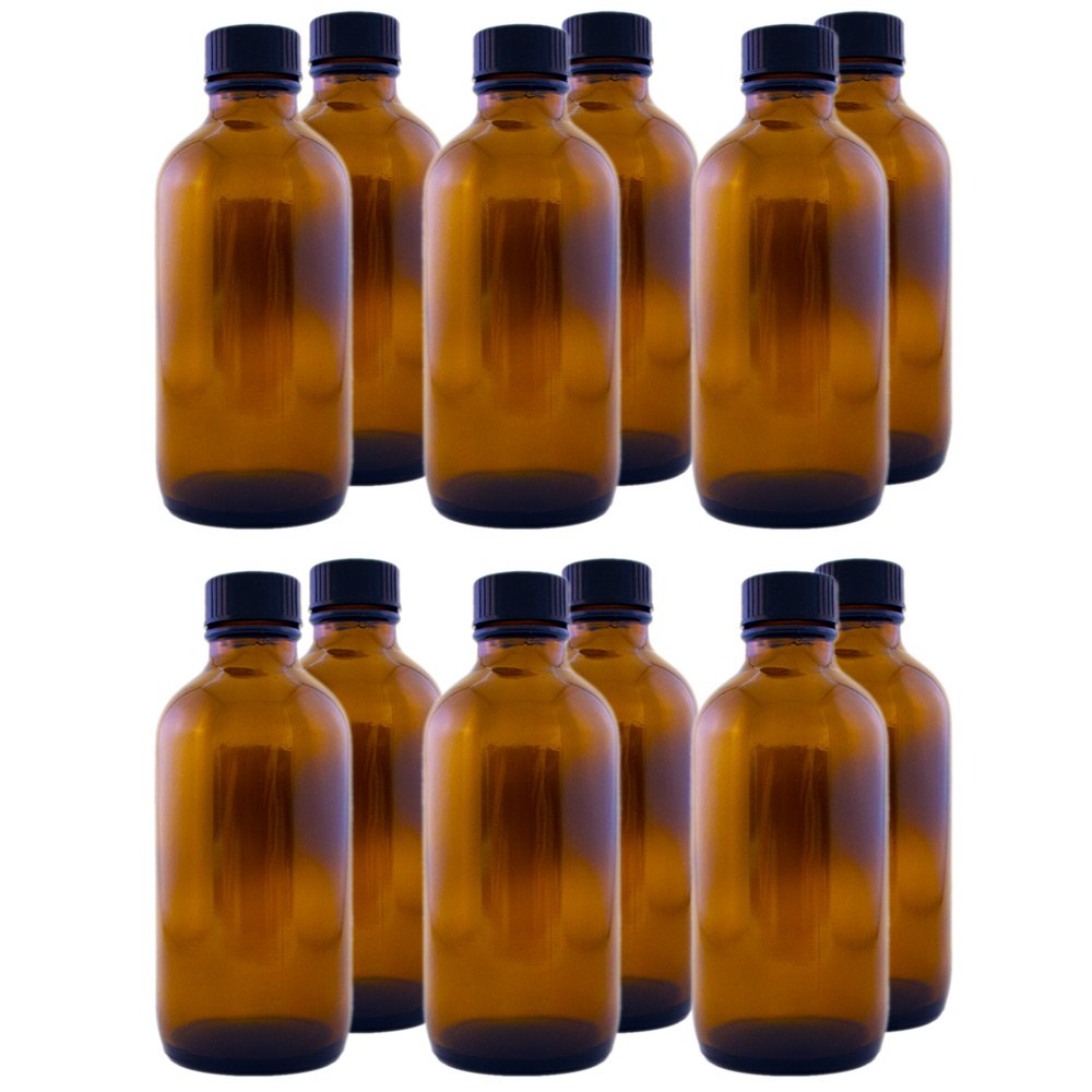 Pack of 12 4 oz Amber Glass Boston Round Bottles w/ Black Phenolic