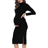 guruixu Turtleneck & Long Sleeve Maternity Sweater Dress for Photoshoot Baby Shower, Ribbed Knit Stretchable Midi Bodycon Dress Black