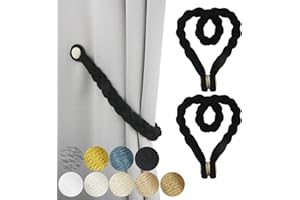 Porlau 2 Pack Black Magnetic Soft Curtain Tiebacks Cotton Hand-Woven Tieback Holdback Home Decorative Tie Backs with Wooden Buckle for Home Office Decor