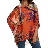 Rokou Women Chiffon Blouse Floral Batwing Sleeve Beach Cover Loose Tunic Shirt Tops