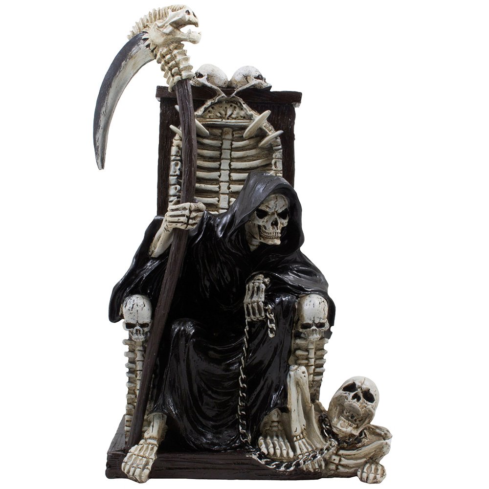 Decorative Spooky Grim Reaper Sitting on Bone Throne of Skeletons and Skulls Statue for Scary Halloween Decorations or Horror Movie Decor As Gothic Gifts
