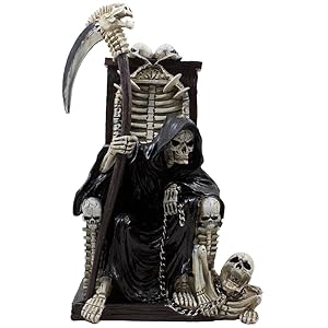 Decorative Spooky Grim Reaper Sitting on Bone Throne of Skeletons and Skulls Statue for Scary Halloween Decorations or Horror Movie Decor As Gothic Gifts