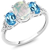 Gem Stone King 10K White Gold Cabochon Simulated Opal Swiss Blue Topaz and Diamond Accent 3-Stone Engagement Ring For Women | 2.10 Cttw | Gemstone Birthstone.5