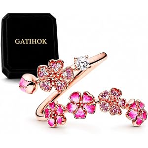 GATIHOK Peach Blossom Ring, Pink Flower Rings for Women Gemstone Everyday Trendy Bridal Bridesmaid Adjustable Metal Ring Hand