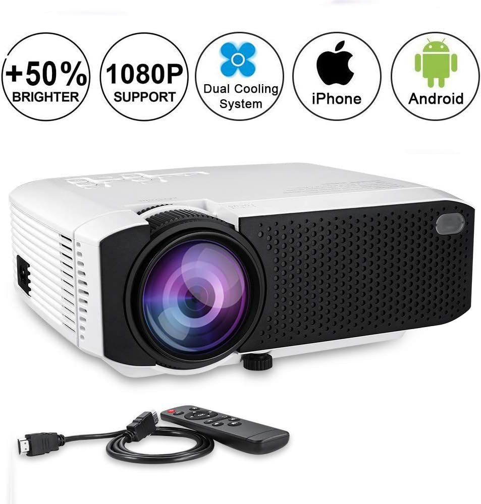 PTVwire Projector Mini Video Projector Portable 120ANSI Lumens Built-in Dual Speakers 3000 Hours Home Theater Support HD 1080P HDMI / USB / VGA / AV / Micro SD