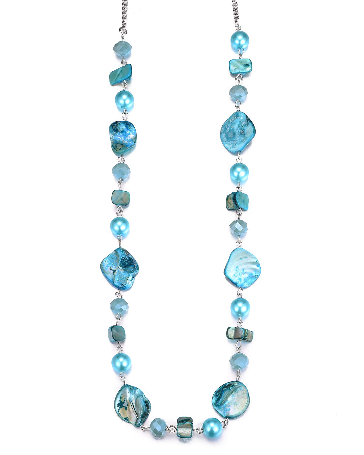 BULINLIN Long Beaded Silver Necklace for Her Crystal Bead Sweater Chain Fashion Jewelry Necklace Birthday Gifts for Women Mum(35-Turquoise)