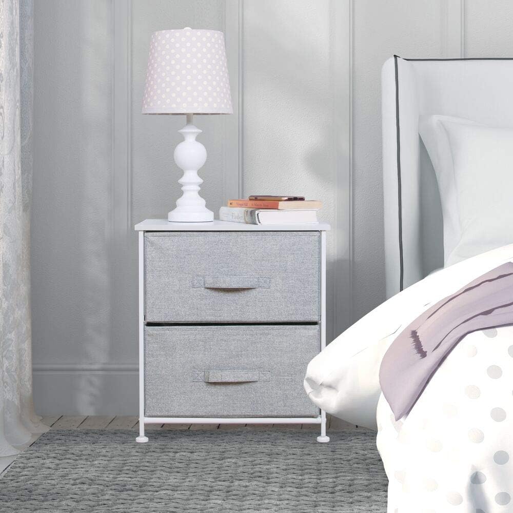 mDesign Night Stand/End Table Storage Tower - Sturdy Steel Frame, Wood Top, Easy Pull Fabric Bins - Organizer Unit for Bedroom, Hallway, Entryway, Closets - Textured Print - 2 Drawers - Gray/White -