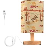 BOENLE Bedside Lamp West Cowboy Horse Cactus Table Lamp for Bedroom LED Nightstand Lamp Shade USB Ports Wood Base for Living 
