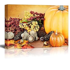 Canvas Prints Wall Art - Beautiful Autumn Display with Acrorns, Leaves and Pumpkins | Modern Wall Decor/Home Art Stretched Gallery Canvas Wraps Giclee Print & Ready to Hang - 12" x 18"