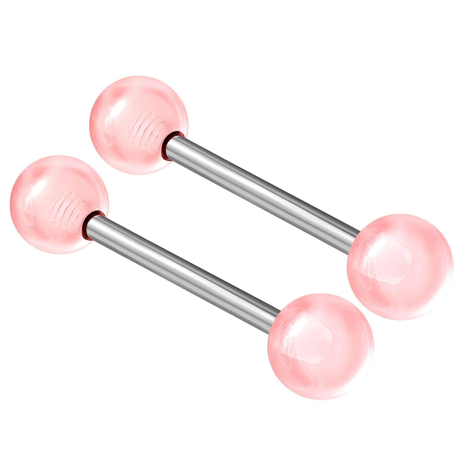 KJM FASHION 2PCS Stainless Steel Pink Tongue Rings Stud Bar Nipple Barbell 14 Gauge 5/8 16mm 6mm Ball Nipple Bars Piercing Jewellery 2512