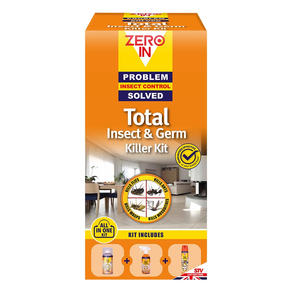 Zero In All-In-One Total Insect & Germ Killer Kit. Long-lasting Control, Prevent Reinfestations. Value Kit Includes Insect Killer Bomb - 150 ml; Insect & Germ Killer – 500 ml; Insect Killer - 300 ml