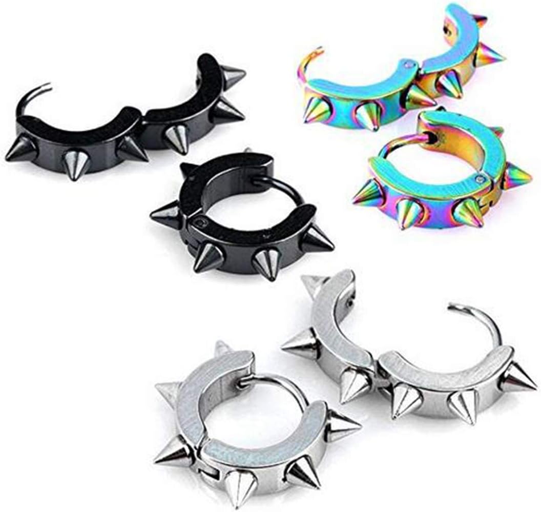 BOPREINA 3 Pairs Unisex Spikes Studded Stainless Steel Spike Punk Spiky Round Huggie Hoop Stud Earrings