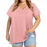 JOELLYUS Plus Size Tops for Women Summer Top Loose Fit Tee Shirts V Neck Short Sleeve Blouse